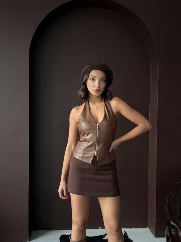 Topshow Sunideri Fermuarlı Toptan Yelek - Kahve | F2036